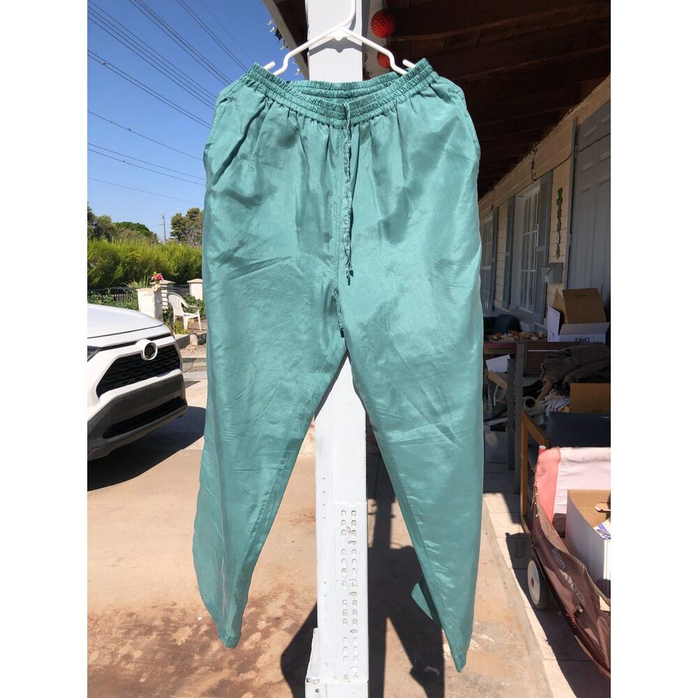 Vintage 90s Abvien 100% Silk Jogger Pants Tapered Teal Fairycore Casual, Size L
